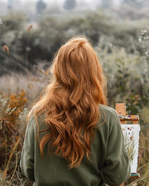 rothaarige frau in der natur mit staffelei