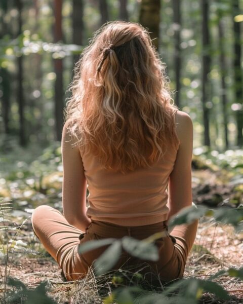 frau sitzend im wald